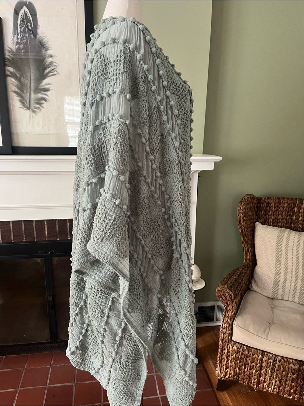 Sage Green Pom Pom Kimono Wrap | Textured Open Front - Picture 6 of 7